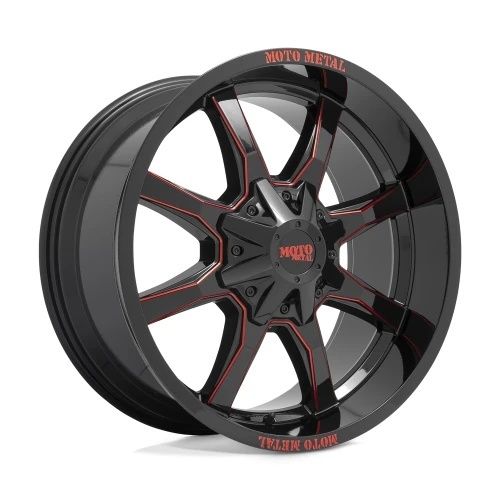 Moto Metal MO970 GLOSS BLACK MILLED W/ RED TINT & MOTO METAL ON LIP 5x139.7/150 20R 10 110.1 -18