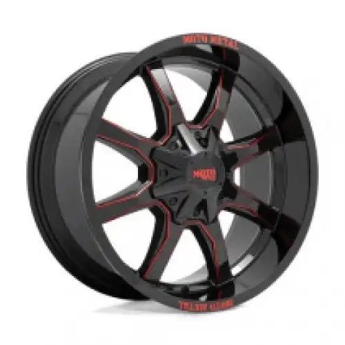 Moto Metal MO970 GLOSS BLACK MILLED W/ RED TINT & MOTO METAL ON LIP 8x165.1 20R 9 125.1 BNK